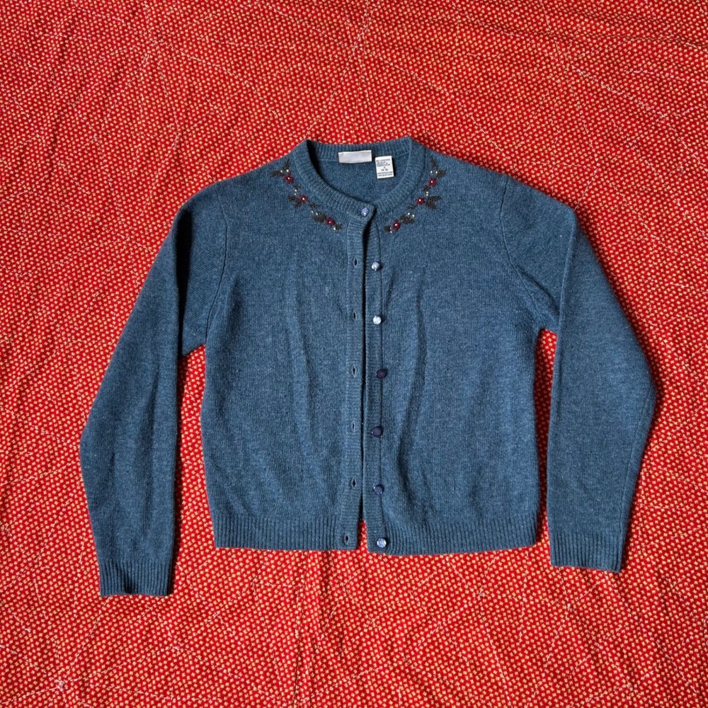 North Crest Vintage Blue Lambswool Blend Floral Embroidered Cardigan Sweater S